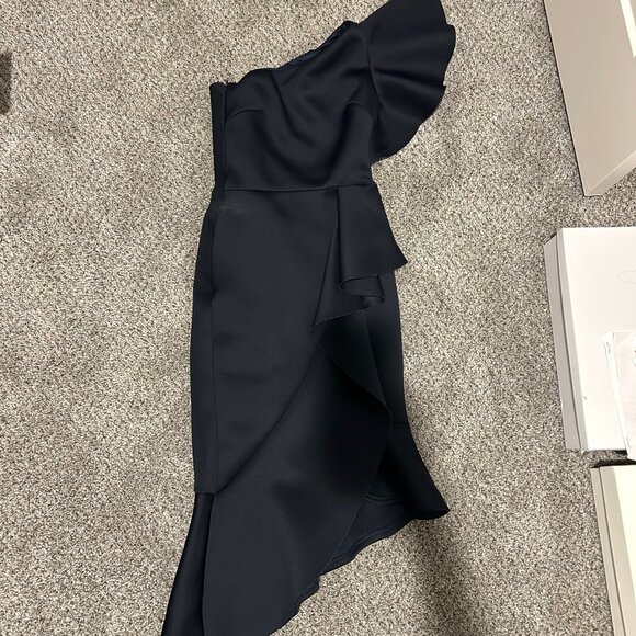 True Violet One Shoulder Ruffle Midi Dress in Navy - Picture 2 of 4
